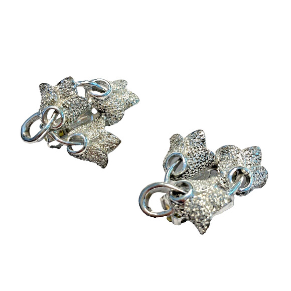 Vintage Mid Century Clip On Earrings Silver Textured Dimensional Mod Flowers - Picture 3 of 7